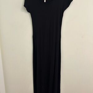 Black Casual Sheath Maxi Dress with Cap Sleeves high slit